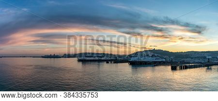 Port Of Dover, England - June 24, 2020: Panoramic Wide Angle Shot Of Dover Port With P&o, Dfds Ferry