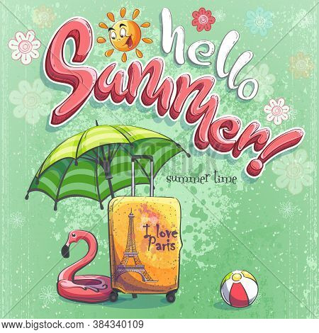 Hello Summer Vector Background Illustration Travel Suitcase, Beach Umbrella. For Print On Demand, Co