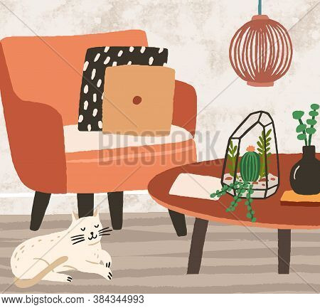 Cozy Room Interior With Comfortable Armchair And Pillows On It. Sleeping Cat Near Modern Coffee Tabl