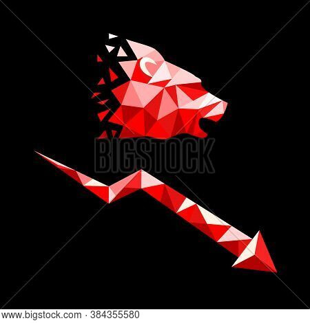 Silhouette Of Bears Head And Falling Graf In Low Poly Style. Bearish Market Trend Concept. Isolated 