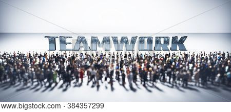 Large group of people in front of teamwork word. Conceptual 3D illustration