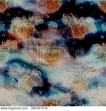 Blurry Watercolor Glitch Creative Foliage Texture Background. Irregular Bleeding Tie Dye Seamless Pa