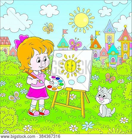Cute Happily Smiling Little Girl Drawing The Sun And Clouds With Paints On Her Easel In A Green Summ