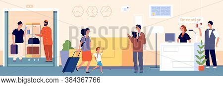 Hospitality. Hotel Hostel Reception. Manager Receptionist And Waiter Travellers. Porter And Guest In