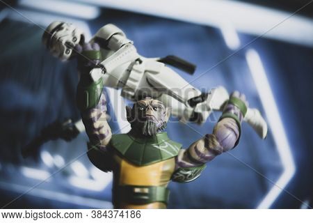 SEPTEMBER 6 2020: Scene from Star Wars Rebels with Garazeb Zeb Orrelios battling Imperial Stormtroopers on Lothal - Hasbro action figures