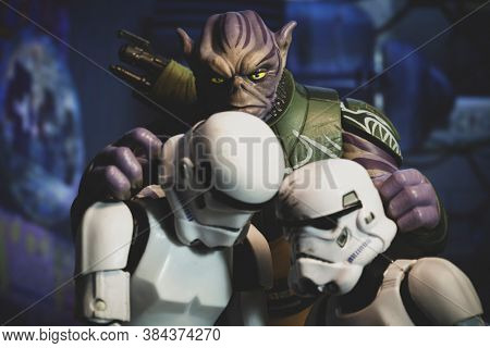 SEPTEMBER 6 2020: Scene from Star Wars Rebels with Garazeb Zeb Orrelios battling Imperial Stormtroopers on Lothal - Hasbro action figures