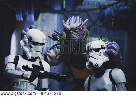 SEPTEMBER 6 2020: Scene from Star Wars Rebels with Garazeb Zeb Orrelios battling Imperial Stormtroopers on Lothal - Hasbro action figures