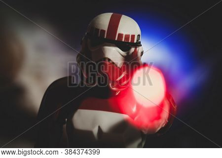 SEPTEMBER 7 2020: Battlefront 2 Galactic Imperial Shock Trooper Stormtrooper firing a blaster with light effect - Hasbro action figure