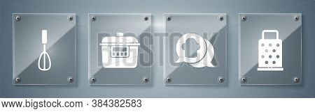 Set Grater, Chef Hat In Speech Bubble, Slow Cooker And Kitchen Whisk. Square Glass Panels. Vector