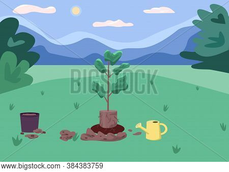 Park And Recreation Area Flat Color Vector Illustration. Planting Process. Planting Stock. Rural Bea