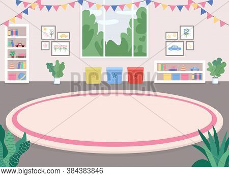 Children Room Flat Color Vector Illustration. Playroom. Nursery-school. Kindergarten. Recreation, Ru