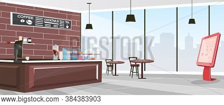 Inside Cafeteria Flat Color Vector Illustration. Industrial Coffee Shop Indoors. Restaurant With Fur