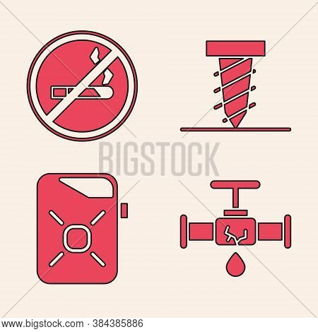Set Broken Pipe With Leaking Water, No Smoking, Rotating Drill Digging A Hole And Canister For Motor