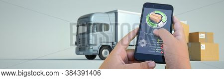 3D rendering of a smartphone delivery tracking app with trucks and goods on the background