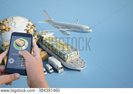 3D rendering of a smartphone delivery tracking app with an airplane, truck, ship and van on the background