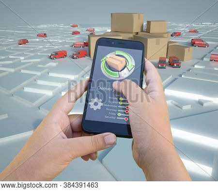 3D rendering of a smartphone app tracking a parcel on a map