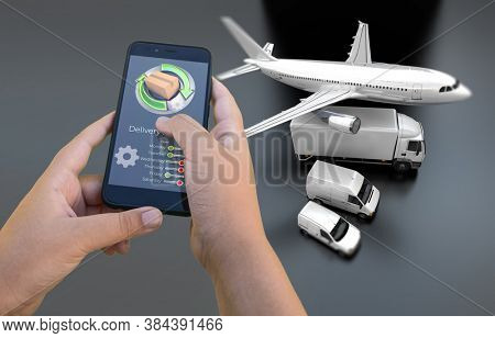 3D rendering of a smartphone delivery tracking app with an airplane, truck and van on the background