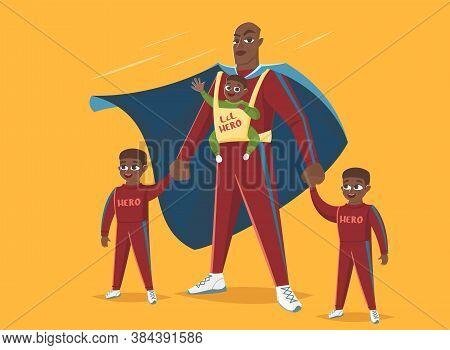 Super Dad. Dad With His Three Children Plays In Superheroes, Vector Illustration