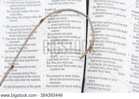 Fuji City, Shizuoka-ken, Japan - May 9, 2020: Holy Bible Opened In Psalm 23 With A Small Staff On To