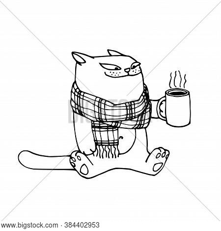 Cute Smiling Cat In Scarf With Cup Of Hot Beverage, Traditional Medicine Against Flu, Vector Illustr