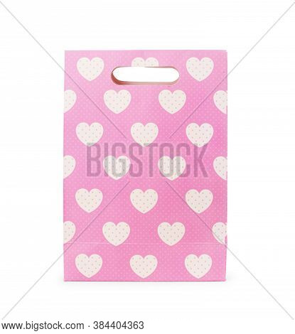 Blank White Paper Gift Bag With A Bow Mock Up. Isolated On White Background. Empty Plastic Package M