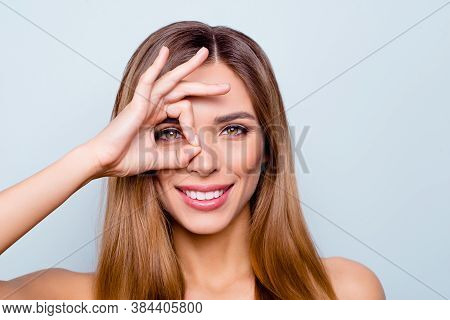 Close-up Portrait Of Nice Lovely Sweet Fascinating Attractive Cheerful Optimistic Lady Showing Ok-si
