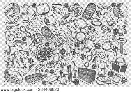 Pets Shop Doodle Set. Collection Of Hand Drawn Sketches Templates Patterns Of Bird Cages Dogs Food A
