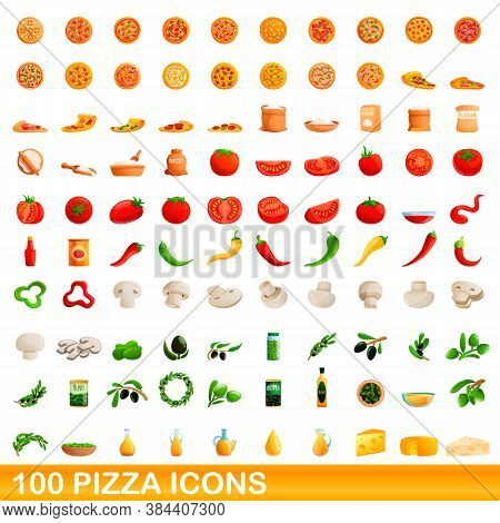 100 Pizza Icons Set. Cartoon Illustration Of 100 Pizza Icons Vector Set Isolated On White Background
