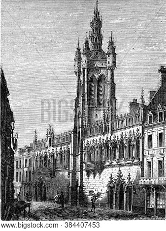 Belfry of Douai, Vintage engraving. From Popular France, 1869.