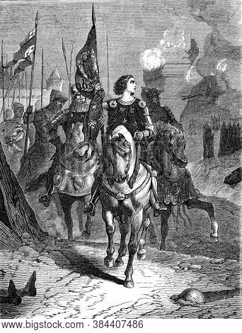 Jeanne Darc in front of the English country houses, Vintage engraving. From Popular France, 1869.