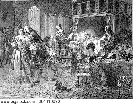 Mazarin's final moments, Vintage engraving. From Popular France, 1869.