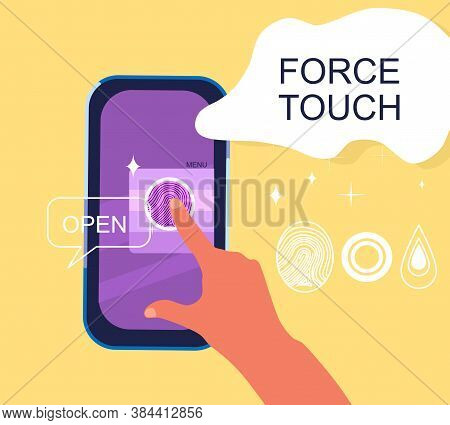 Force Touch Technology Concept. Human Hand Uses Pressure Sensors On Digital Smartphone Display. Vari