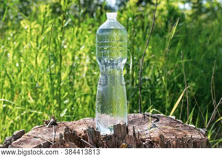 Transparent Bottle With Water On A Tree Stump In The Grass At The Summer, Thirst Quencher Concept. W