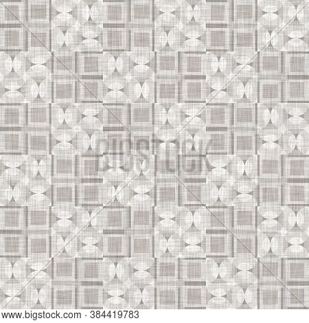 French Woven Linen Texture Geometric Shape Background. Old Ecru Flax Grey Geo Motif Seamless Pattern