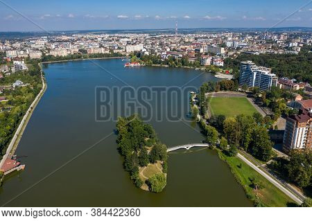 Public Lake And An Island In The Center Of Ivano-frankivsk City Aerial View