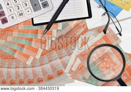 3 Cuban Pesos Convertibles Bills And Calculator With Glasses And Pen. Tax Payment Season Concept Or 