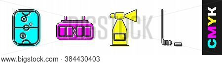 Set Air Hockey Table, Hockey Mechanical Scoreboard, Air Horn And Ice Hockey Stick And Puck Icon. Vec