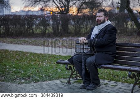 Middle Adult Calm Bearded Man Sitting On Bench Lonely Melancholy Mood In Autumn Park Dray Ordinary D