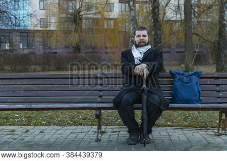 Middle Adult Calm Bearded Man Sitting On Bench Lonely Melancholy Mood In Autumn Park Dray Ordinary D