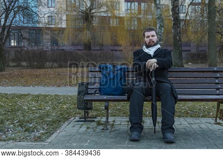 Middle Adult Calm Bearded Man Sitting On Bench Lonely Melancholy Mood In Autumn Park Dray Ordinary D