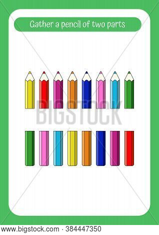 Worksheet For Kids Preschool Activities. Onnect The Halves Of The Pencils By Color. Vector Illustrai