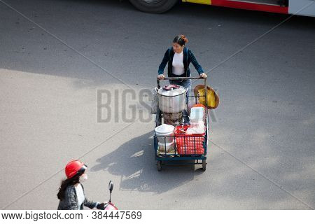 Hanoi, vietnam : Street vendors in Hanoi's Old Quarter on Aug 30 2019, He's sell souvernir made from