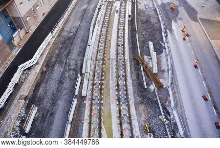 Aerial View Of The Tram Tracks Is Under Construction In Espoo, Finland.