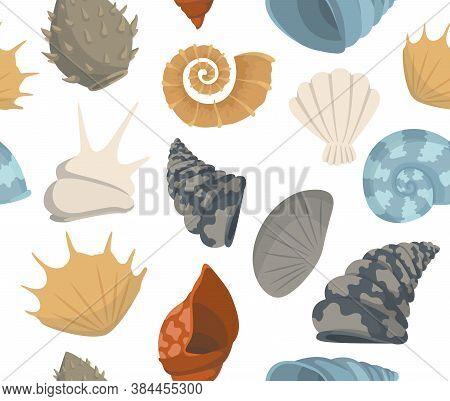 Trendy Summer Texture Concept With Sea Shells Seamless Pattern. Travel Marine Background. Perfect Fo