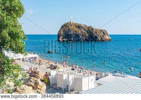 Fiolent, Crimea - August 2020: People On Jasper Beach In Fiolent