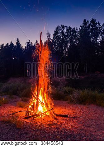 Landscape Of Forest At Twilight. Huge Bonfire. Midsummer Ligo Celebration. Latvian Tradition.