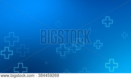 Medical Health Blue Cross Neon Light Shapes Pattern Background. Abstract Healthcare Technology And S