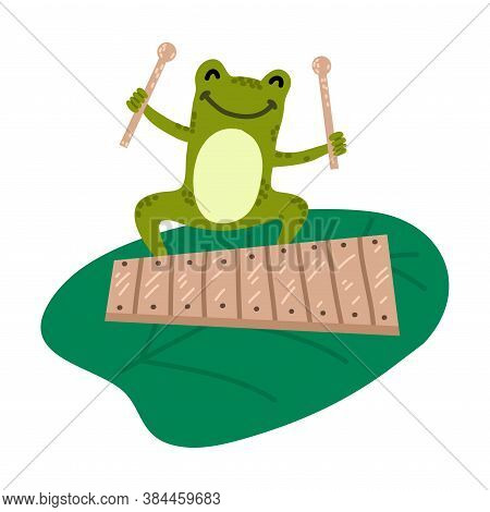 Positive Green Frog Sitting And Playing Xylophone
