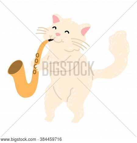 Positive White Cat Standing And Playing Saxophone Vector Illustration