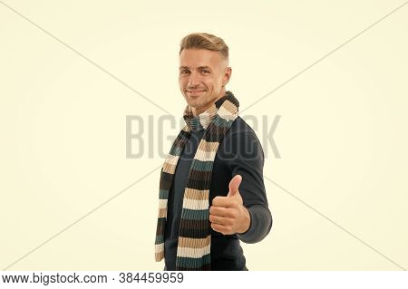 Perfect Accessory. Thumb Up Gesture. Tuned In Fashion. Fashion Man Isolated On White. Happy Smiling 